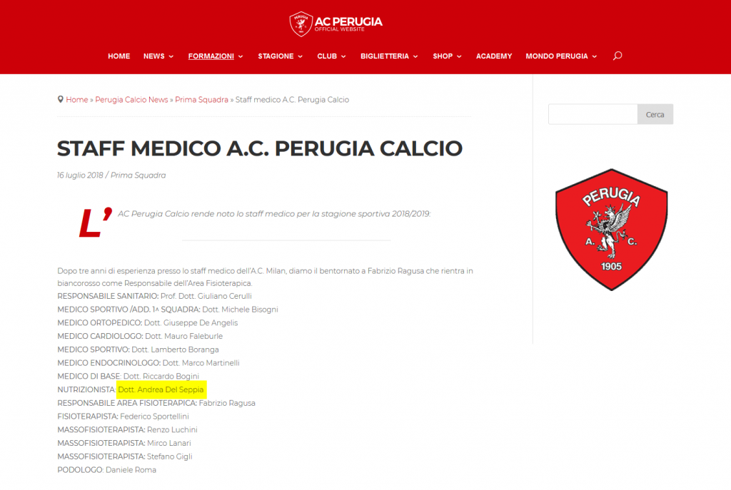 A.C. Perugia Calcio: Nutrizionista Dott. Andrea Del Seppia e lo Staff medico stagione 2018/2019