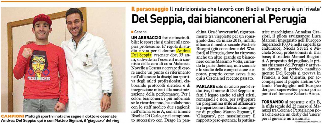 Il Resto del Carlino - Andrea Del Seppia diventa il nuovo Nutrizionista Ufficiale del Perugia Calcio