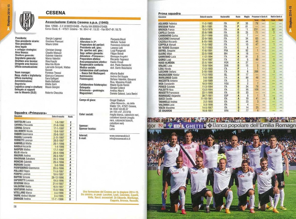 A.C. Cesena Calcio, nell'Almanacco Panini - Serie A 2014-2015. Pagina organico squadra, tra cui il Dott. Andrea Del Seppia.