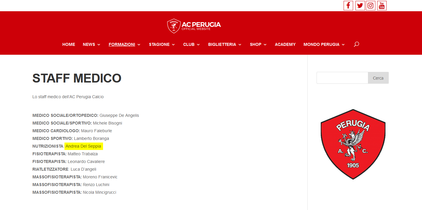 A.C. Perugia Calcio: Nutrizionista Dott. Andrea Del Seppia e lo Staff medico stagione 2017/2018