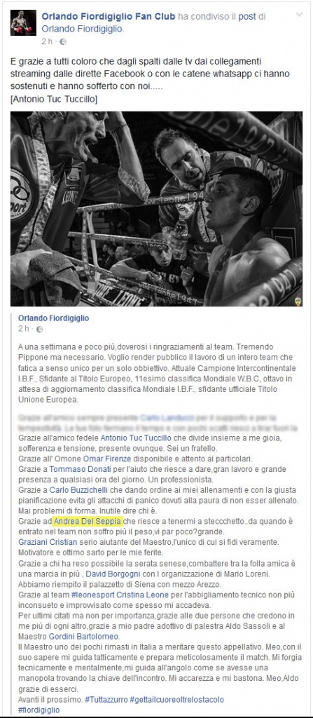 Ringraziamenti Orlando Fiordigiglio al Dott. Andrea Del Seppia